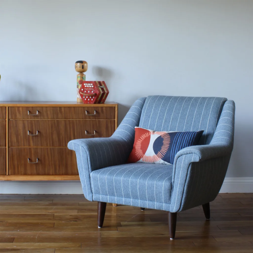 Vintage 1960s Danish G Thams Armchair in Blue Striped Wool