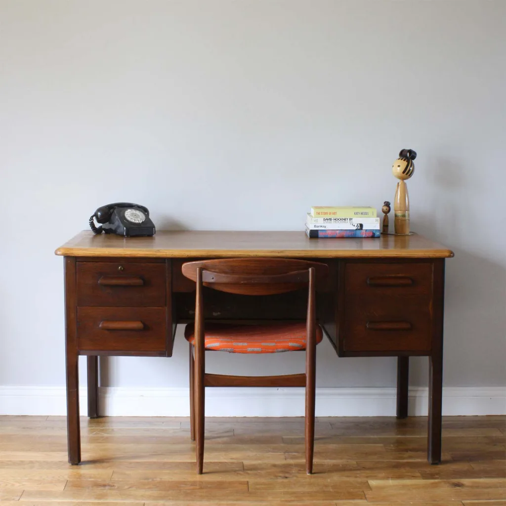 Large Traditional Vintage Oak Desk with Three Drawers