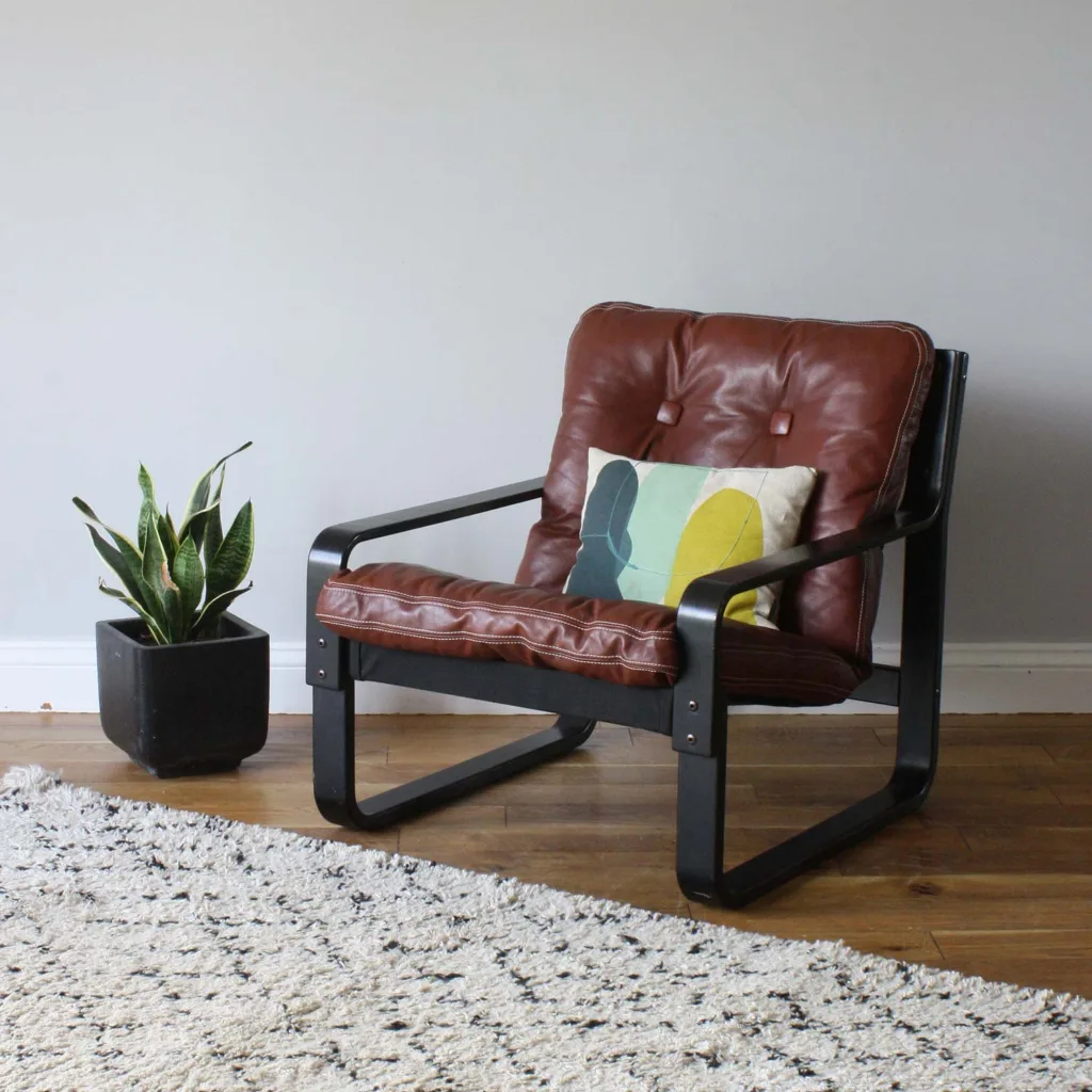 Vintage Danish Tan Leather & Black Bentwood Frame Lounge Chair