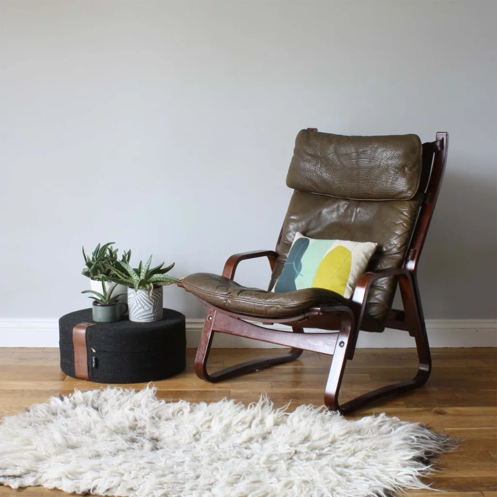 Vintage Danish Strappy Brown Leather Bentwood Armchair