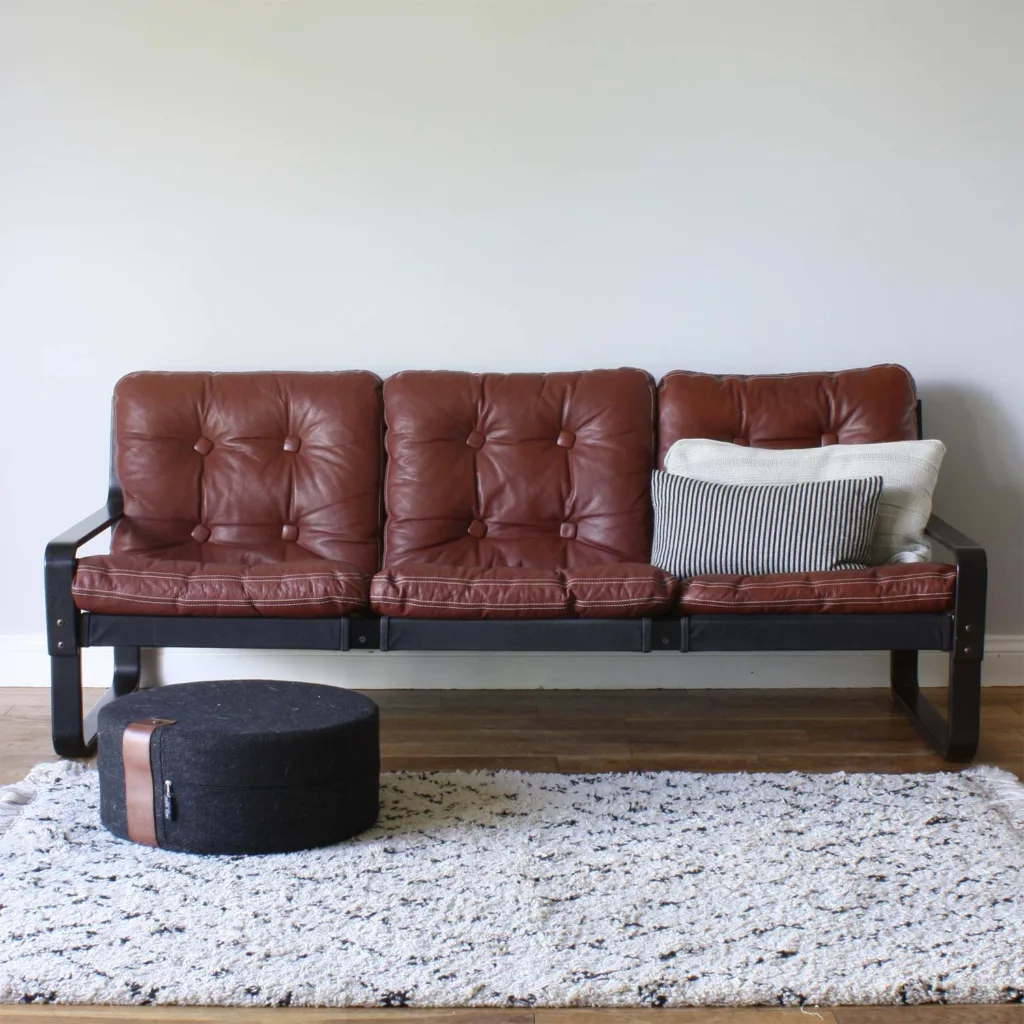 Unusual Vintage Danish Tan Leather & Black Bentwood Three Seat Sofa