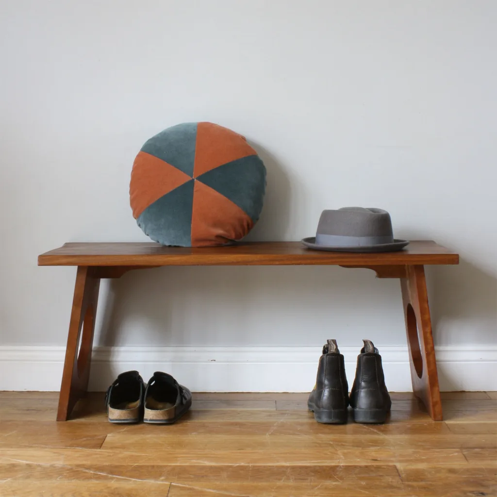 Vintage Handmade Solid Teak Bench / Table with Circular Cut Outs