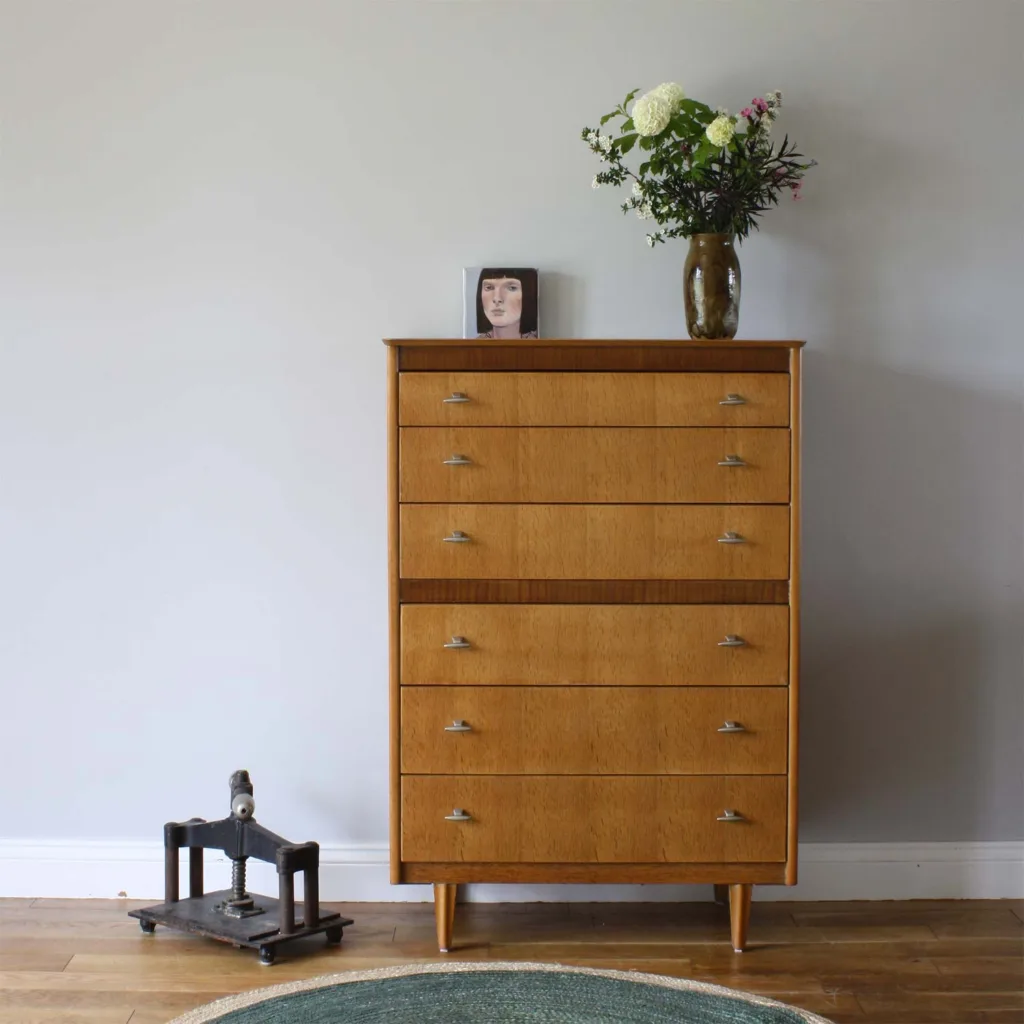 Vintage 1960s Lebus Light Oak Tall Chest of Drawers
