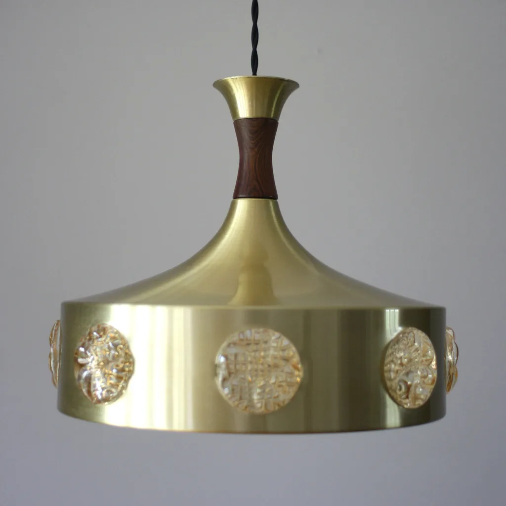 Original 1960s Danish Gold Pendant Lampshade with Textured Glass Insets