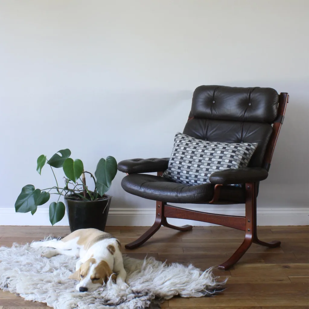 Vintage Danish Bentwood Brown Leather Armchair with Belt Detail