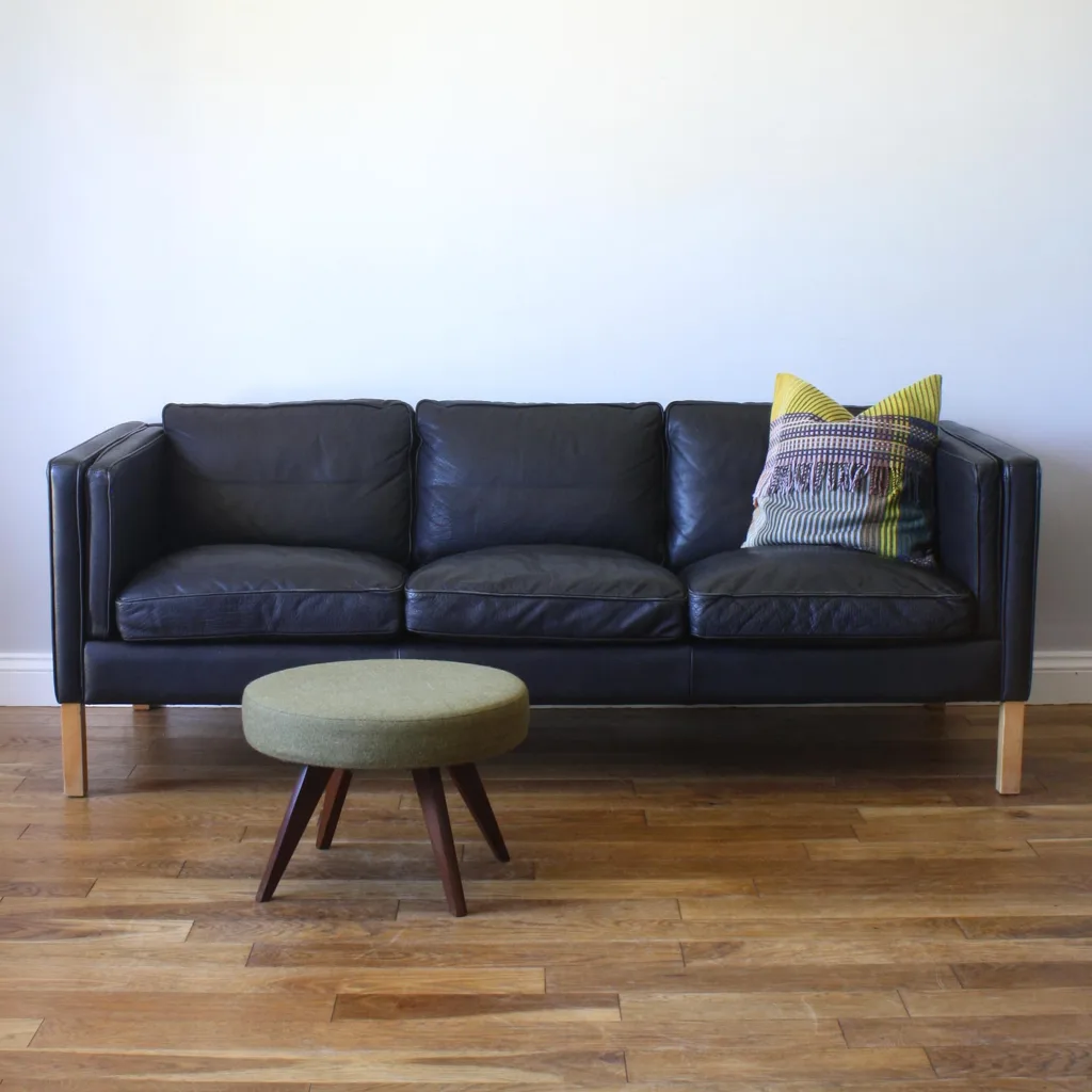 Danish 1970s Stouby Black Leather Three Seat Sofa