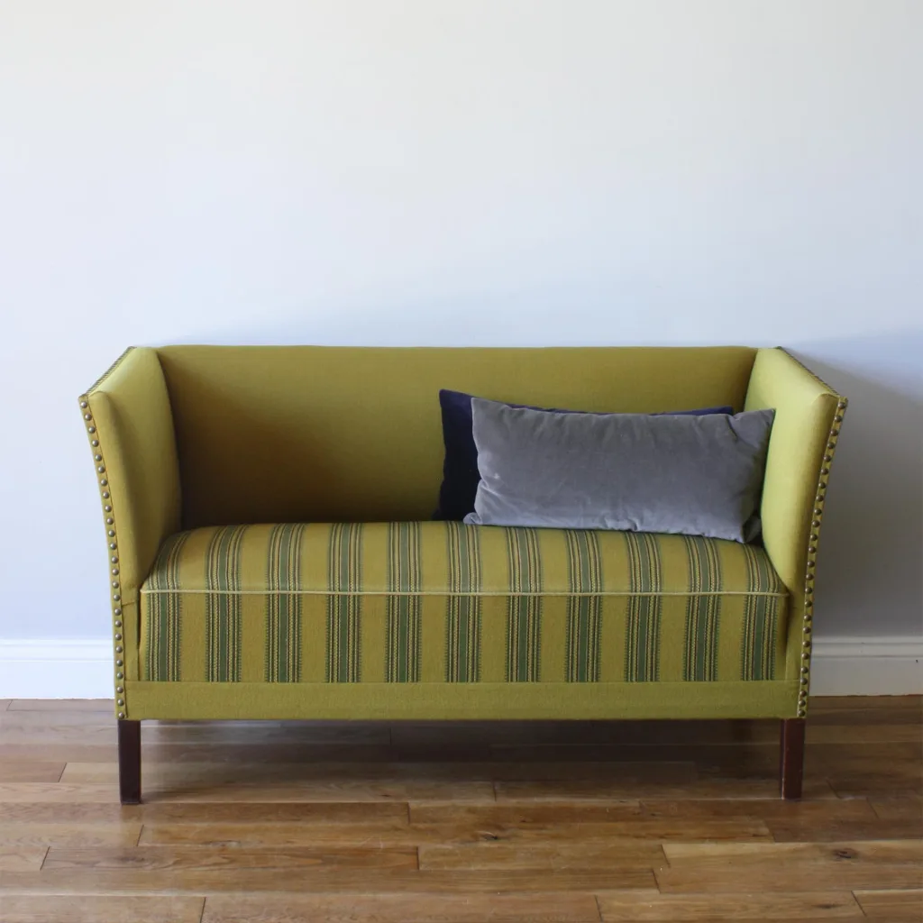 Sweet Vintage Danish Green Striped Two Seat Sofa / Love Seat