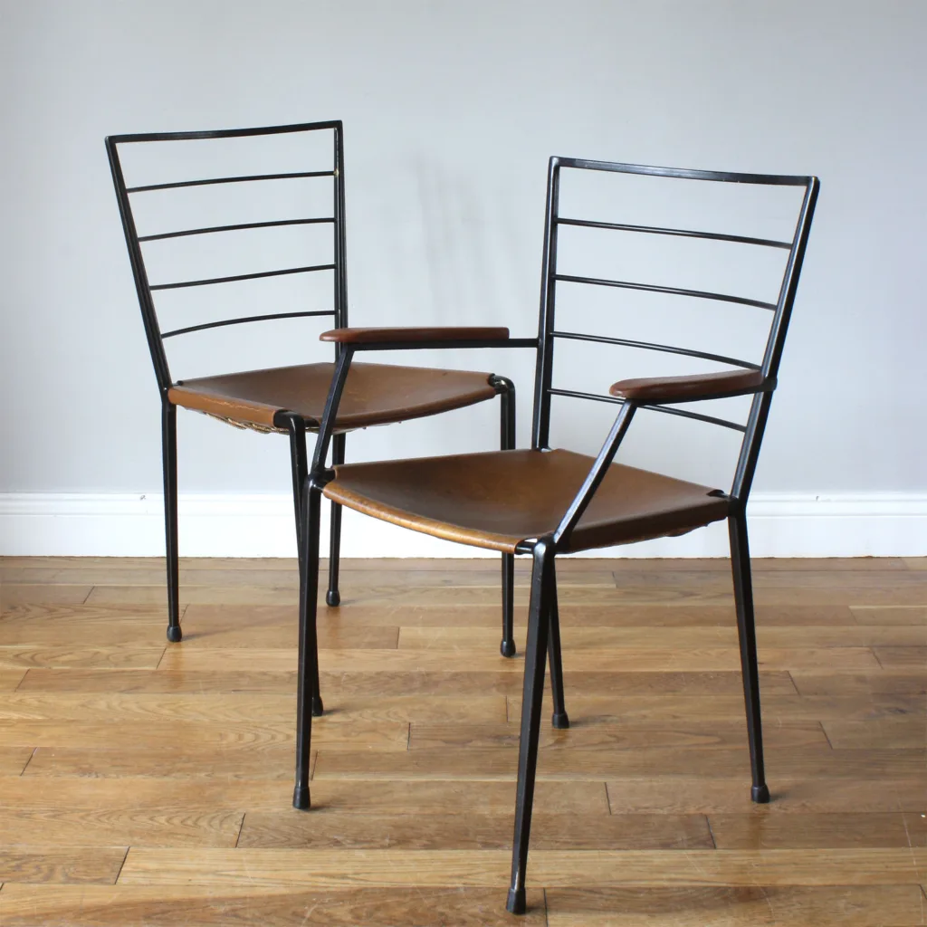 Pair of Original 1960s Vintage Staples Ladderax Chairs with Leather Seats