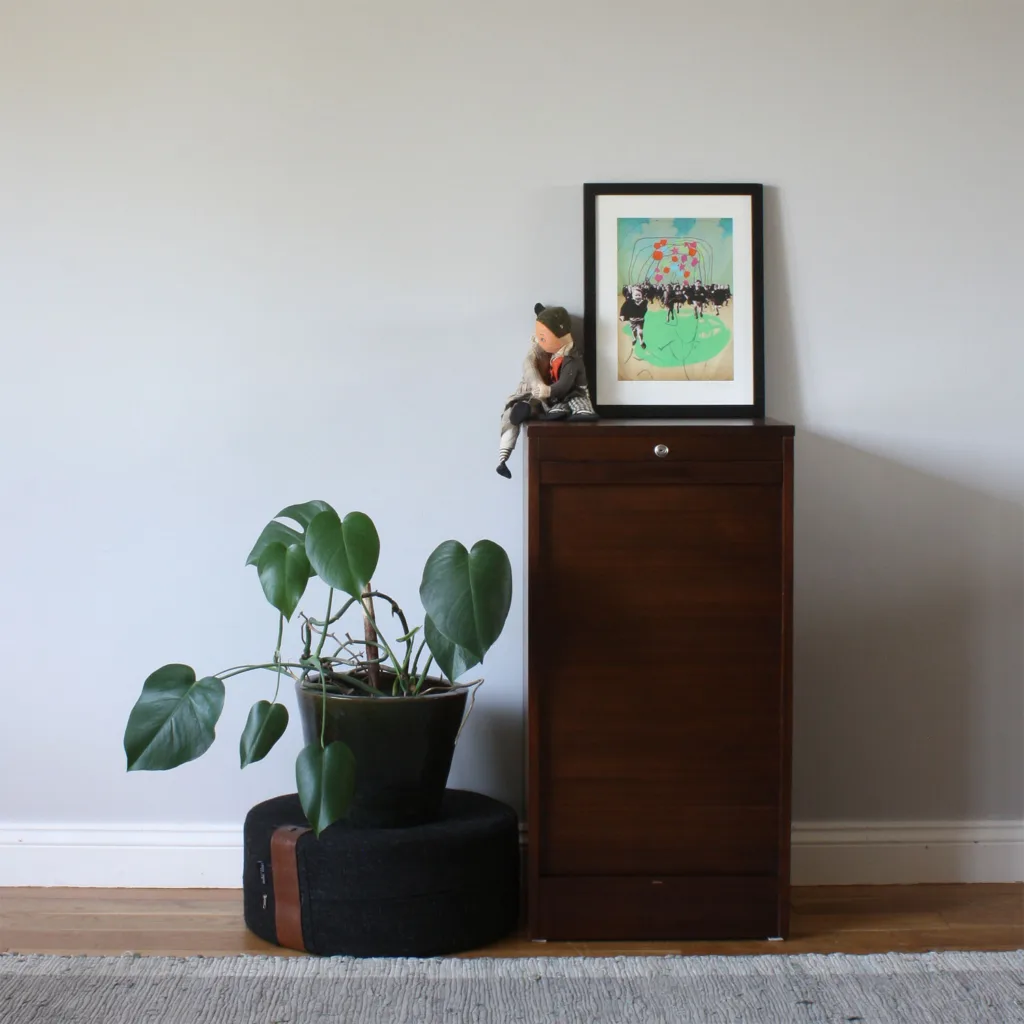Vintage 1950s Abbess Oak Tambour Door Cabinet with Drawers