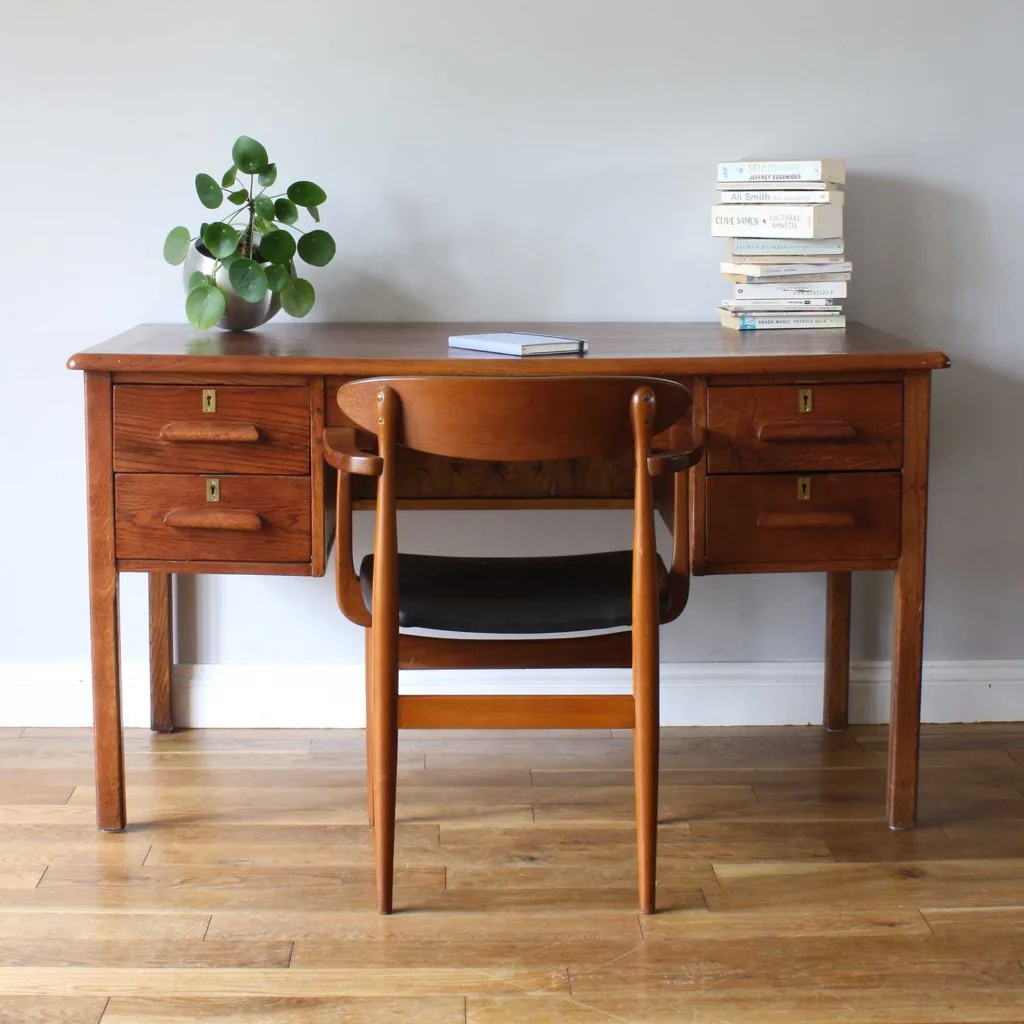 Large Vintage 1950s Solid Oak Pedestal Desk
