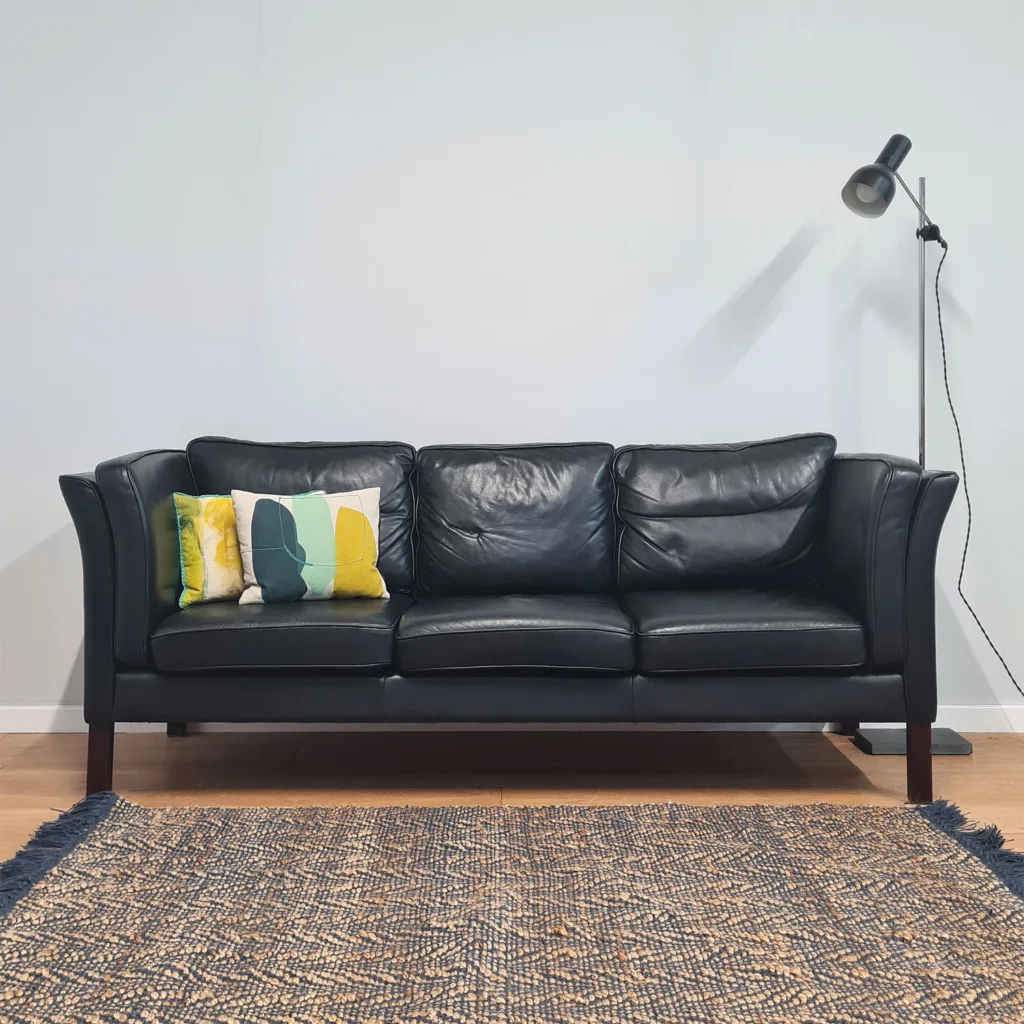 Original Stylish Danish Black Leather Three Seat Sofa by Hurup Mobler