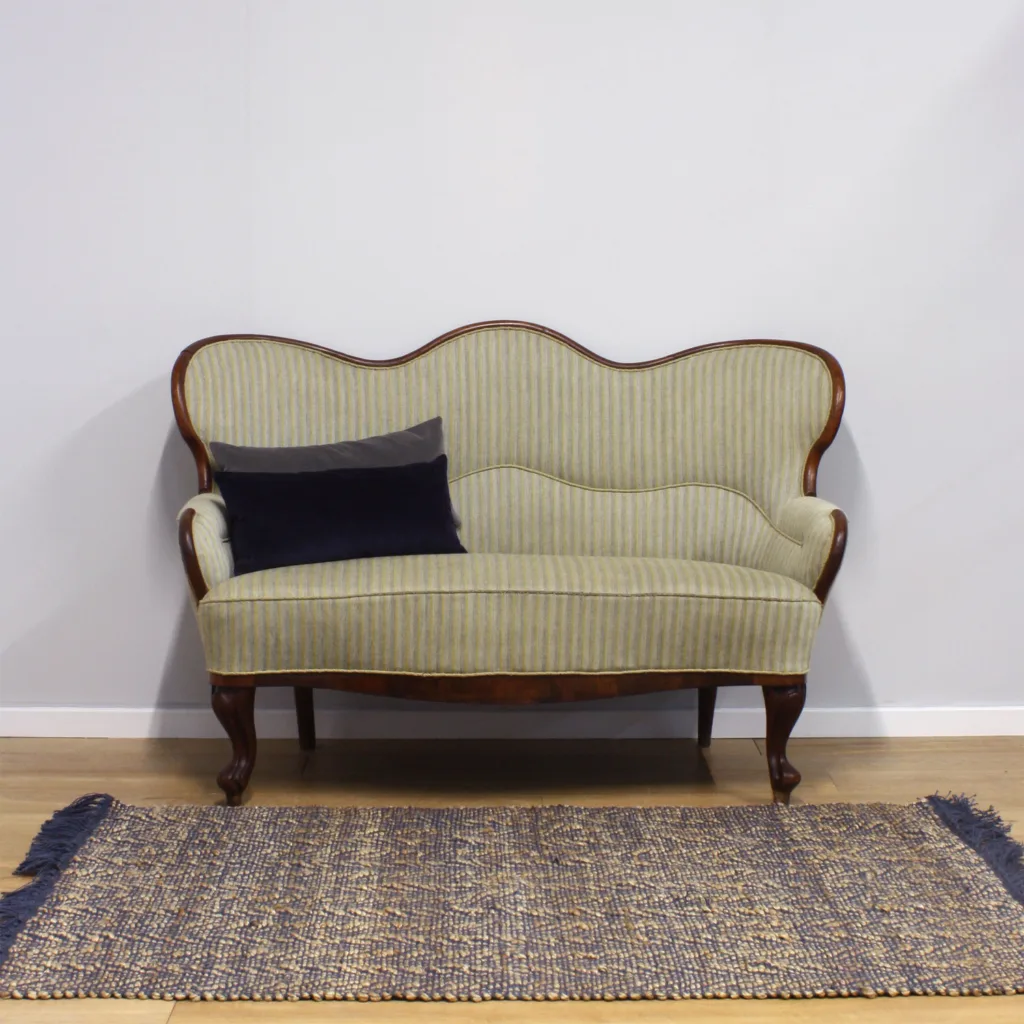 Ornate Midcentury Danish Striped Sofa with Carved Wooden Frame