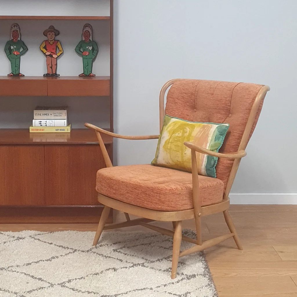 Original Vintage Ercol Model 477 Armchair with Orange Cushions