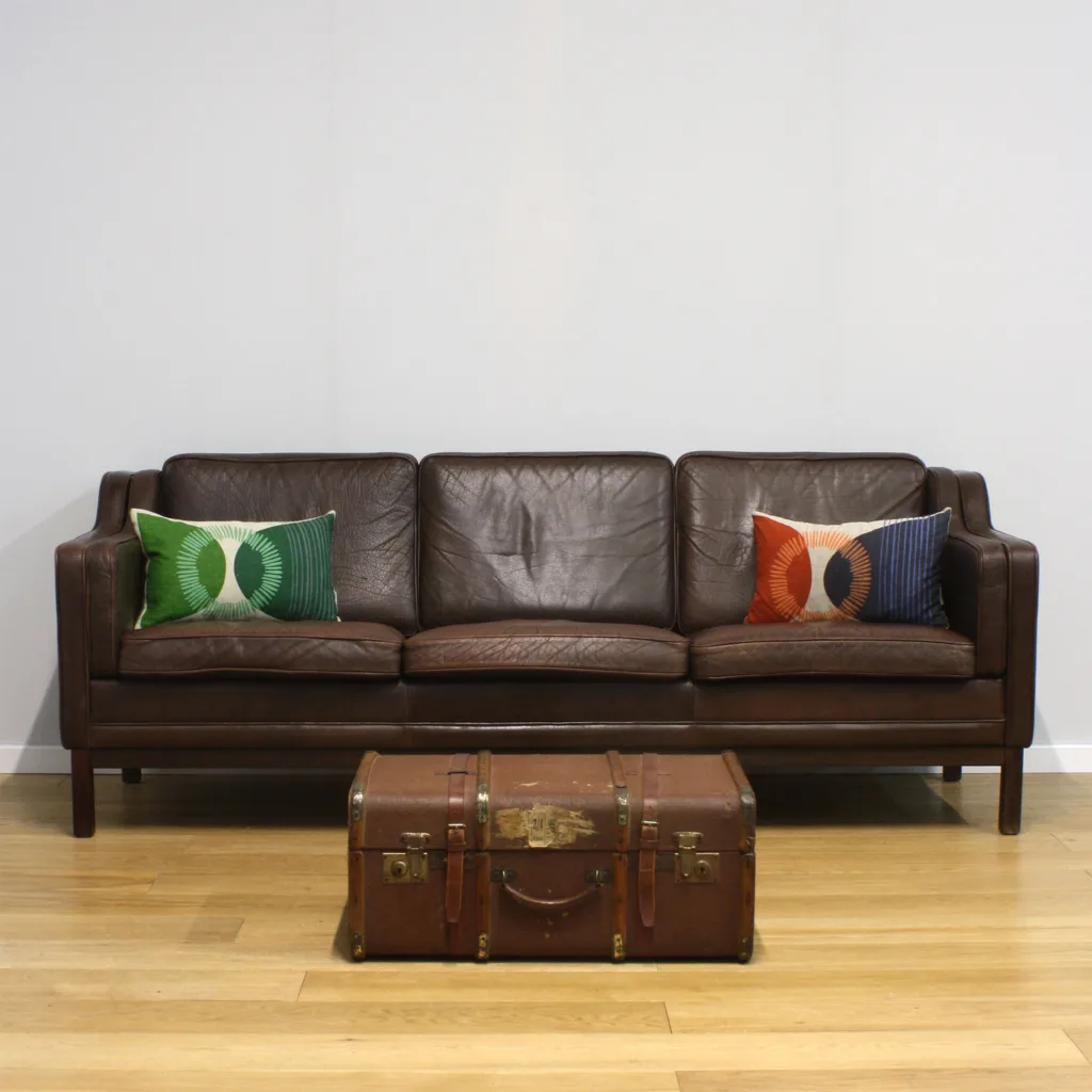 Vintage Danish Brown Leather Three Seat Sofa