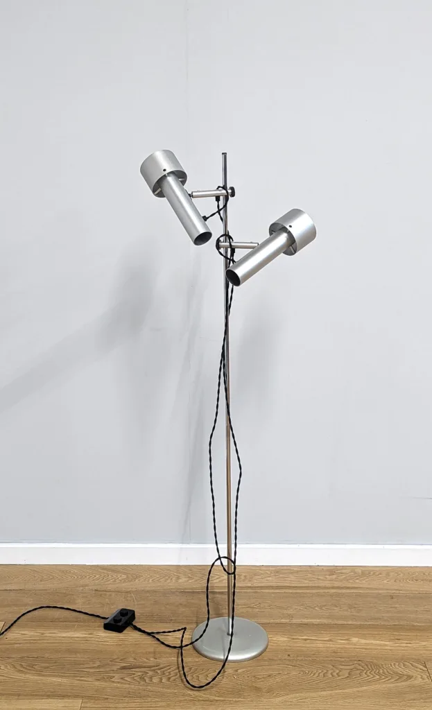 Original 1970s Silver Danish Floor Lamp with Double Long Trumpet Spotlights - Fully Restored