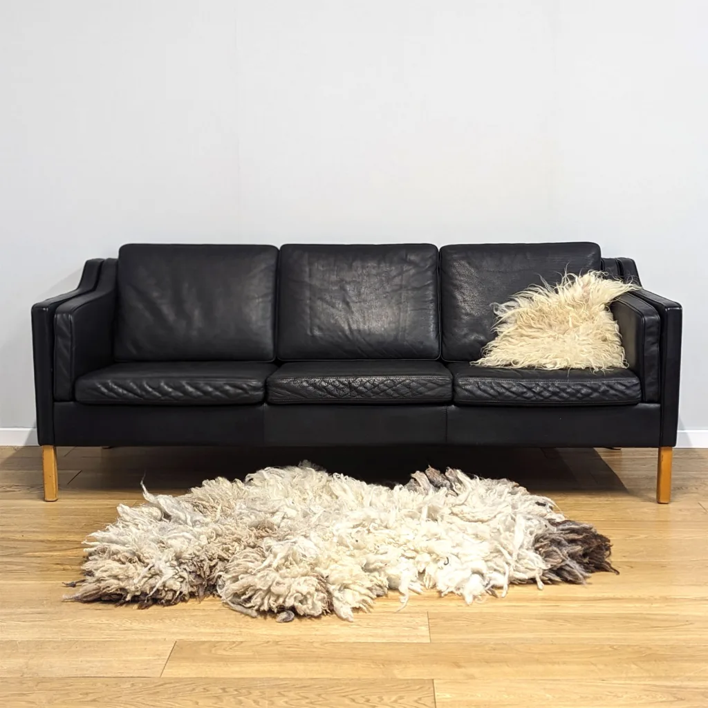 Original Danish Black Leather Three Seat Sofa by Vemb Polstermobelfabrik