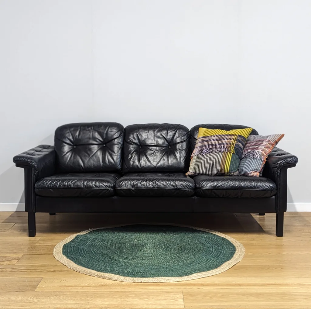 Stylish Vintage 1970s Swedish Buttoned Black Leather Sofa