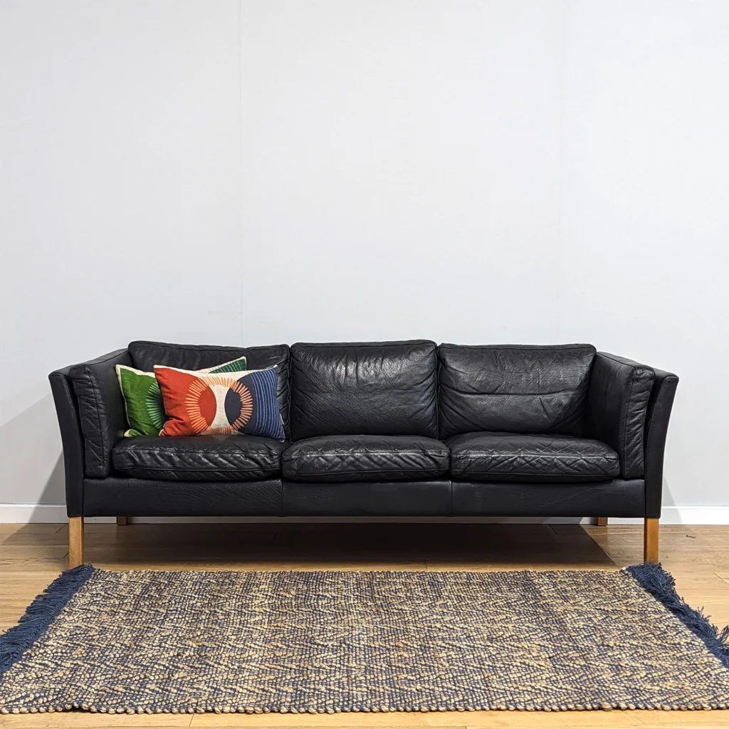 Classic Danish 1970s Stouby Black Leather Three Seat Sofa