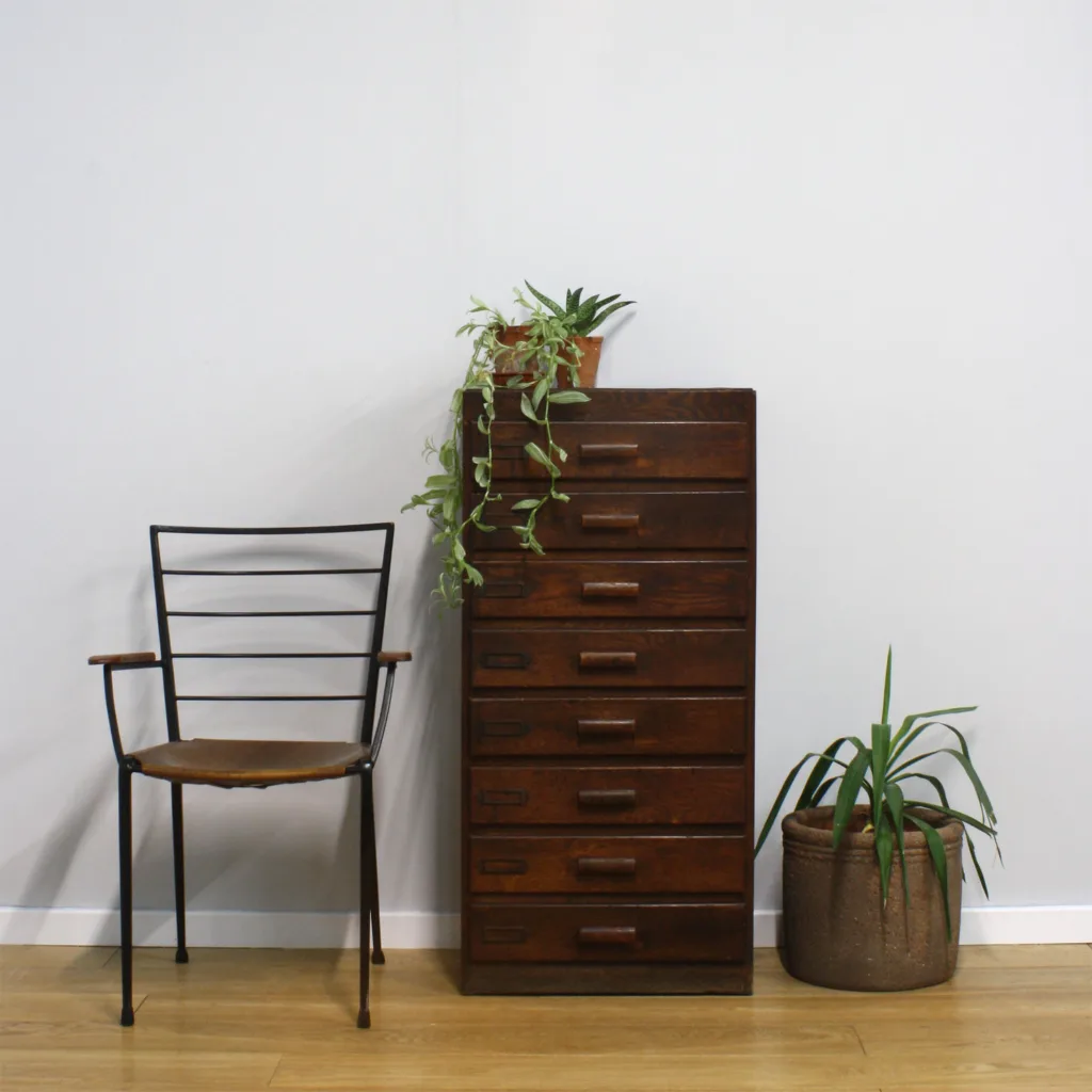 Vintage 1920s Dark Oak Tall Eight Drawer School Cabinet