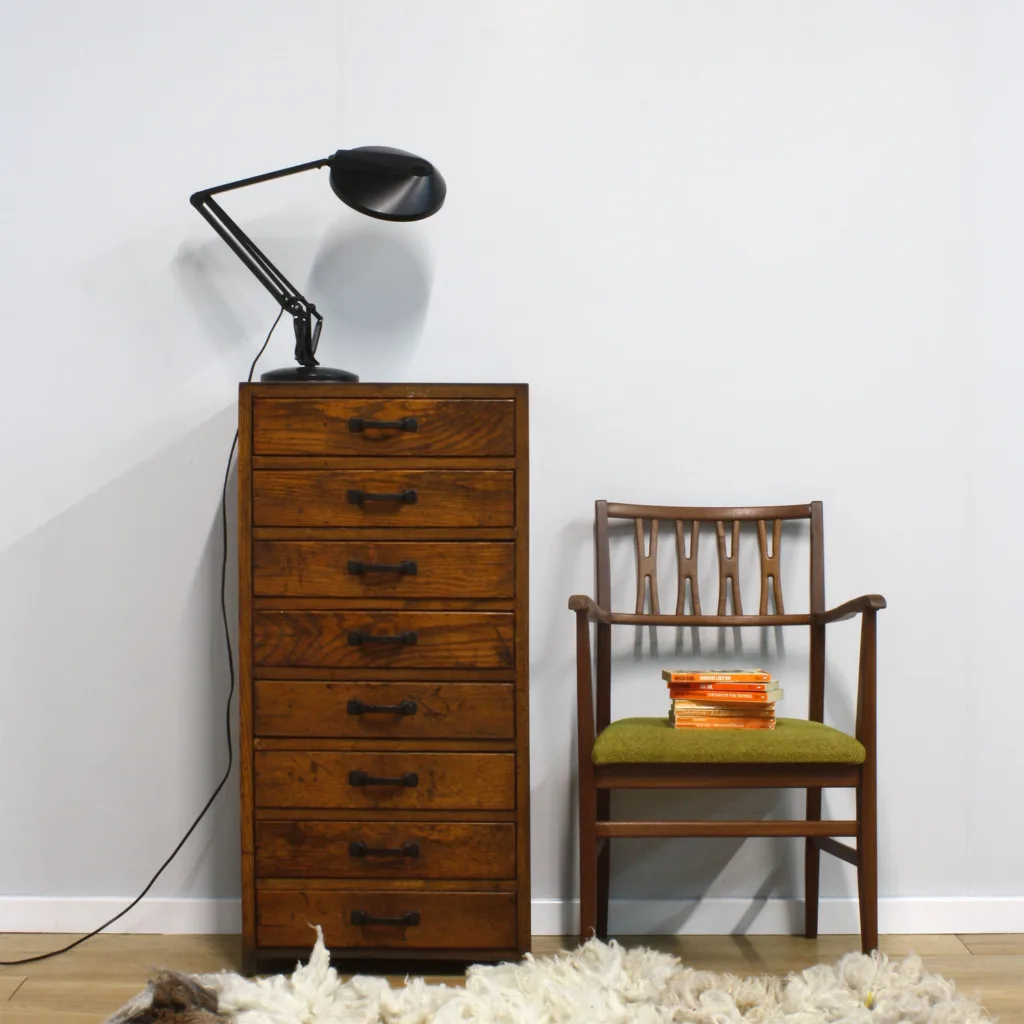 Original Vintage 1920s Oak Eight Drawer School Cabinet with Brass Handles