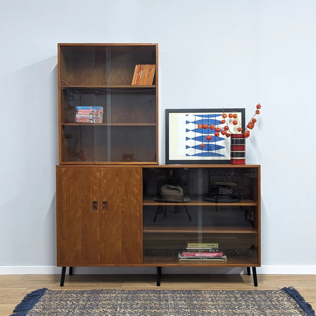 Vintage British 1960s Glass Front Cabinets / Bookcase Pair