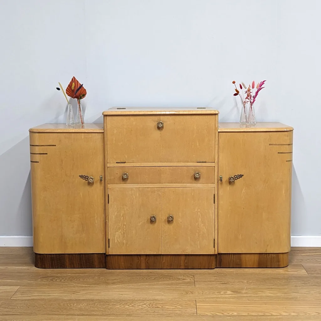 Grand Vintage 1930s Art Deco Satin Birchwood Cocktail Cabinet