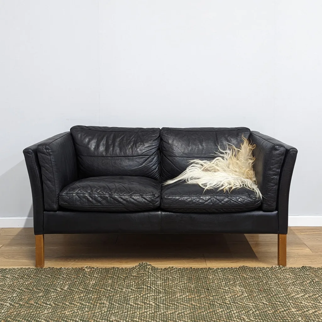 Original Danish 1970s Stouby Black Leather Two Seat Sofa