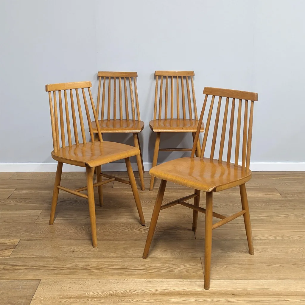 Set of Four Midcentury 1960s Swedish Pinnstol Beech Dining Chairs