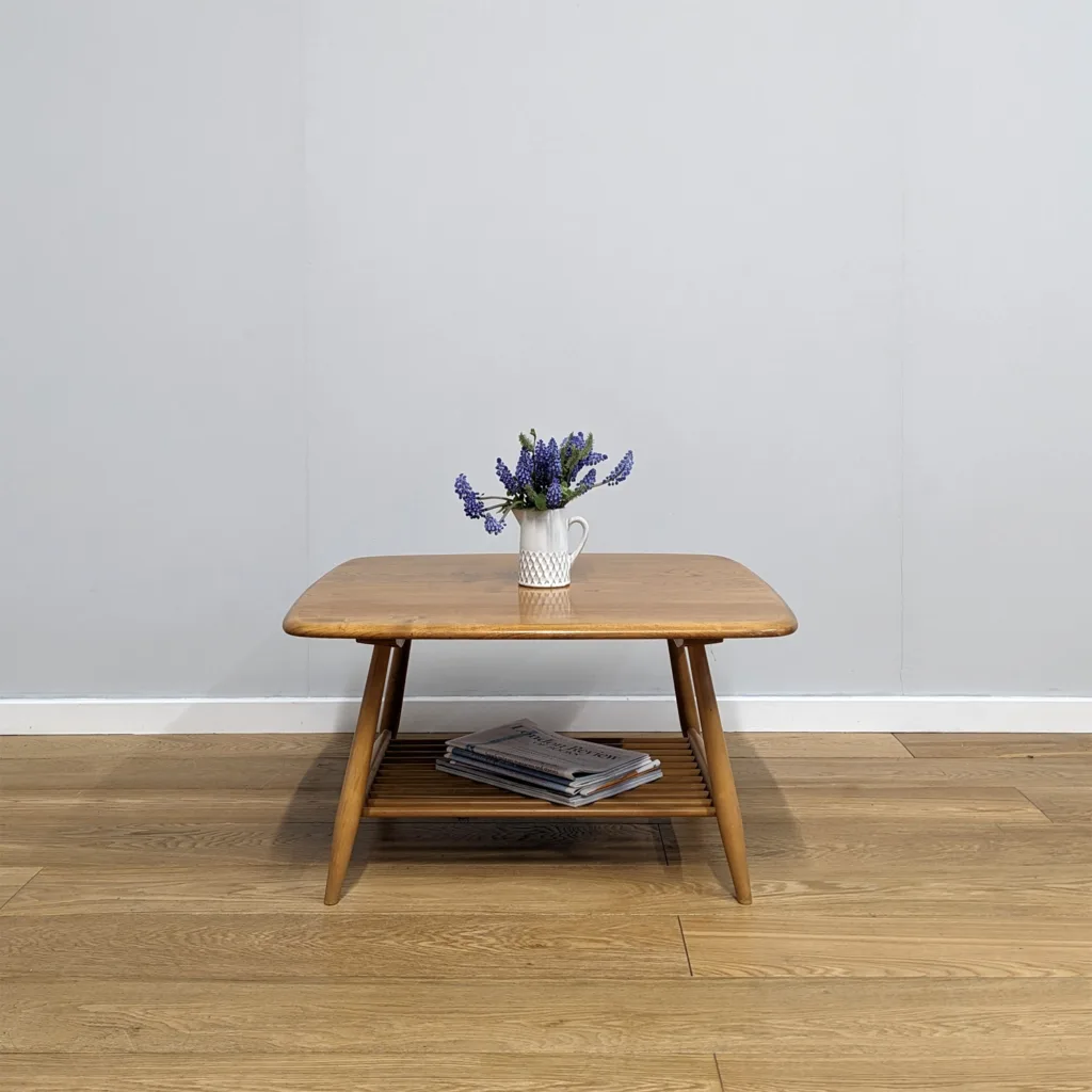 Rare Vintage Ercol Square Coffee Table with Magazine Rack