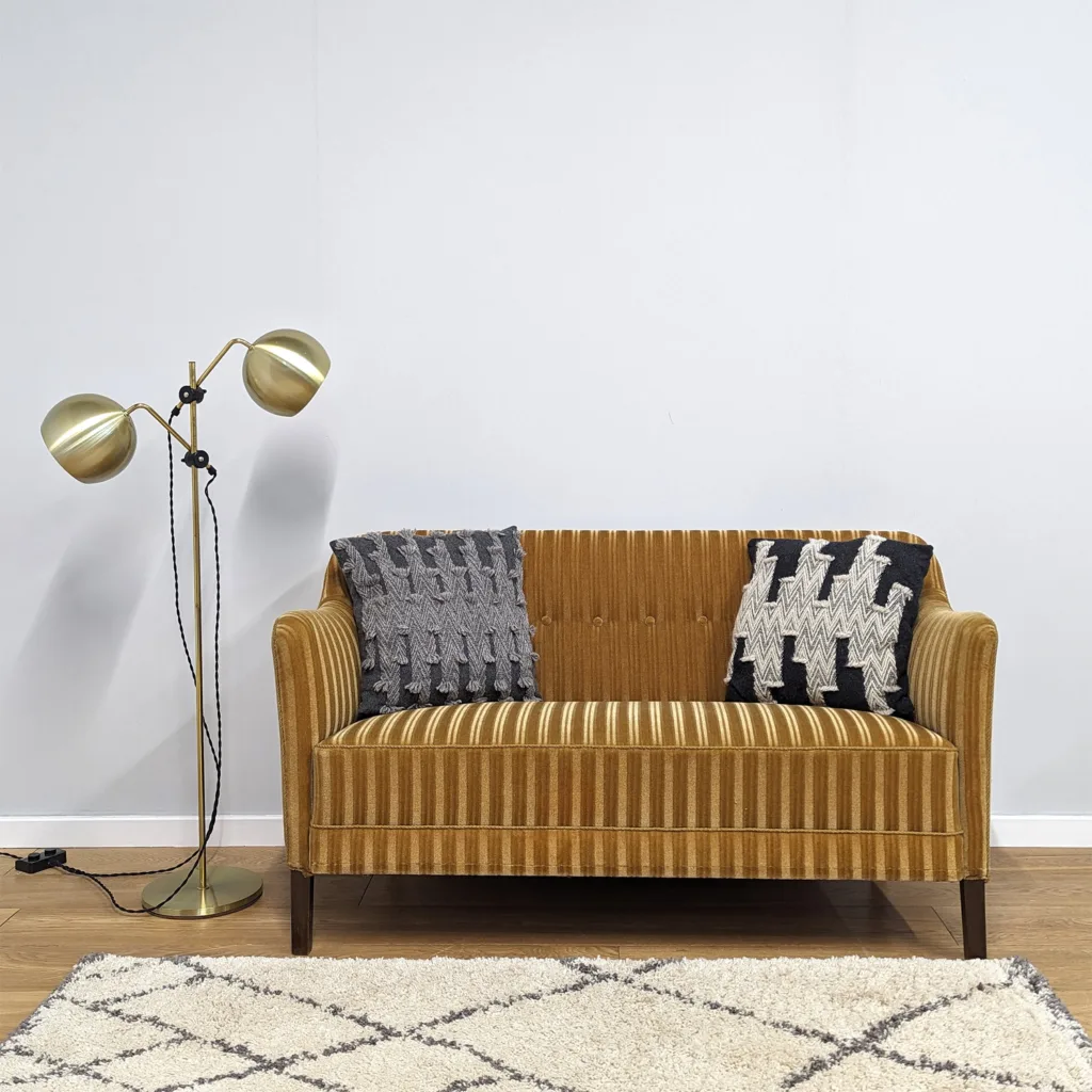 Vintage Danish Striped Gold Velvet Two Seater Sofa