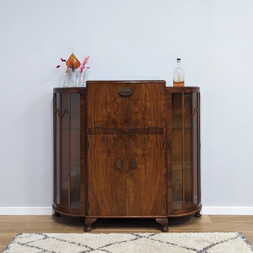 Vintage 1950s Art Deco-style Illuminated Walnut Cocktail Cabinet by Turnidge