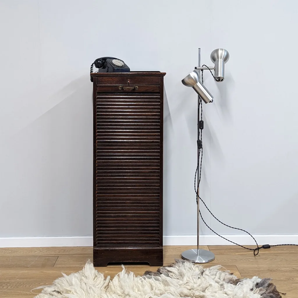Vintage 1920s Dark Oak Tambour Door Cabinet with Removable Drawers