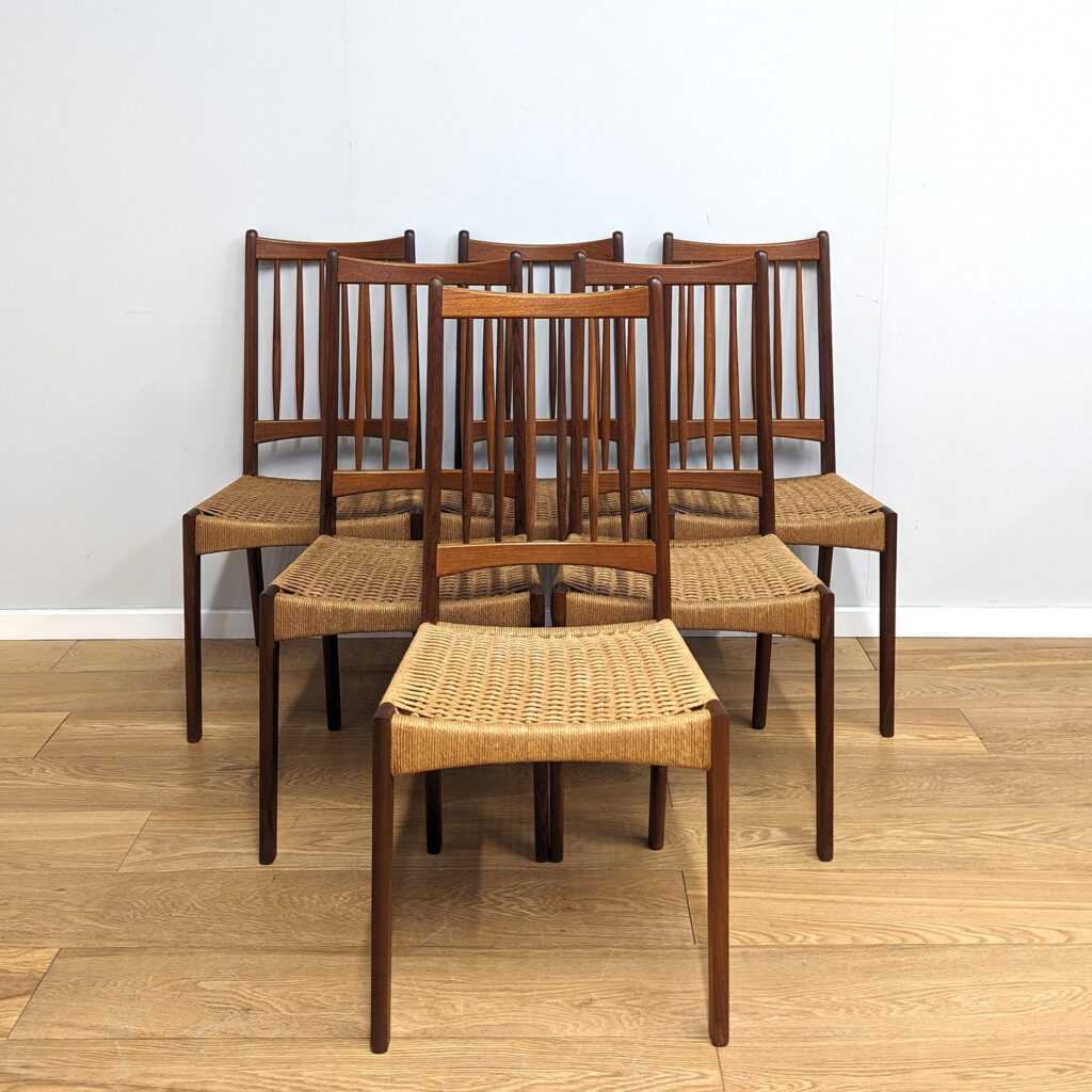 Set of Six Midcentury Danish Teak & Cord Dining Chairs by Arne Hovmand Olsen for Mogens Kold