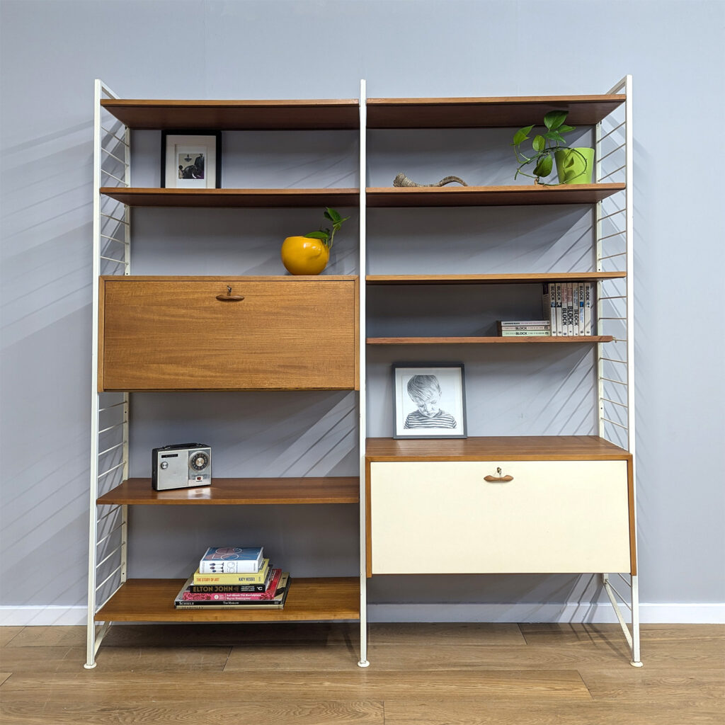 Midcentury 1960s White Ladderax Two Bay Modular Shelf System with Record & Drinks Cabinet