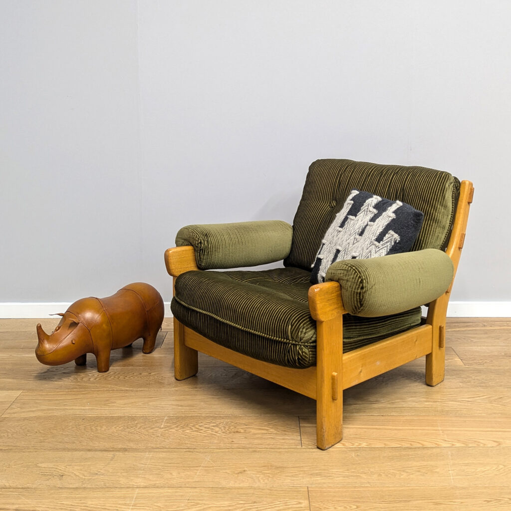 Swedish Midcentury 1970s Green Corduroy Lounge Chair