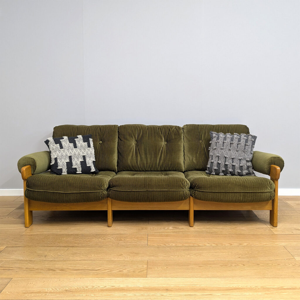 Swedish Midcentury 1970s Green Corduroy Three Seater Sofa