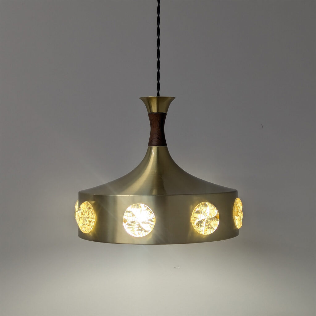 Vintage 1960s Danish Gold Pendant Lampshade with Textured Glass Insets