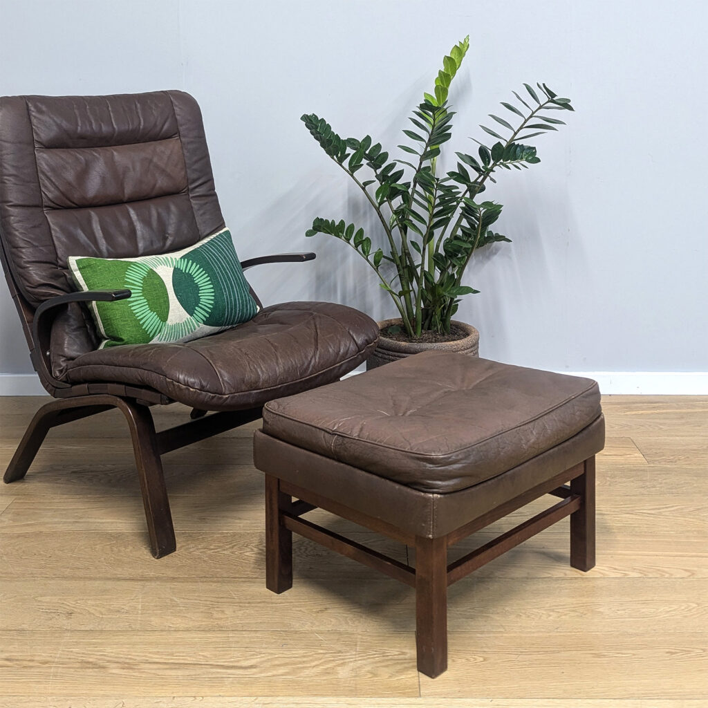 Vintage Danish Brown Leather Footstool Ottoman