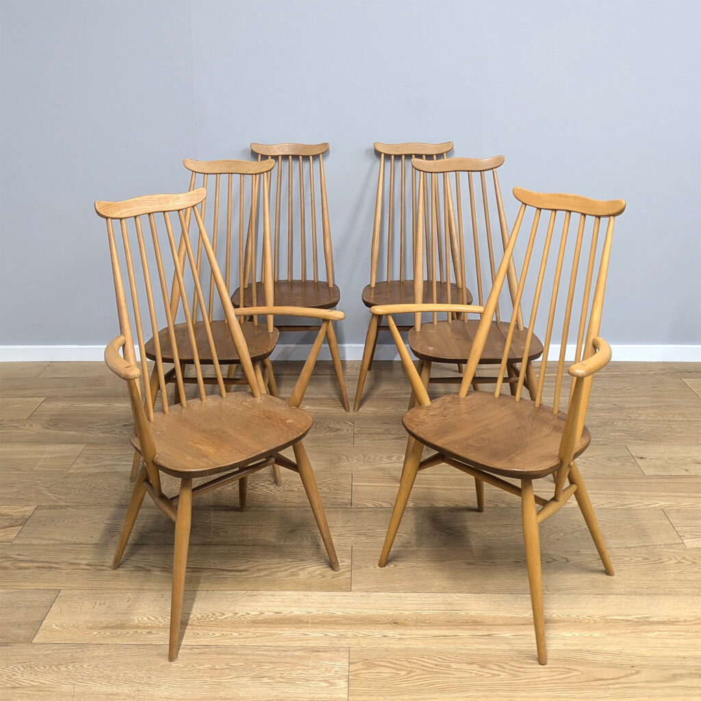 Set of Six Original Vintage Ercol Goldsmith Chairs with Pair of Carvers