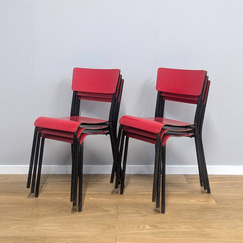Set of Six 1950s Vintage Modernist Red Ply Stacking Chairs by PEL