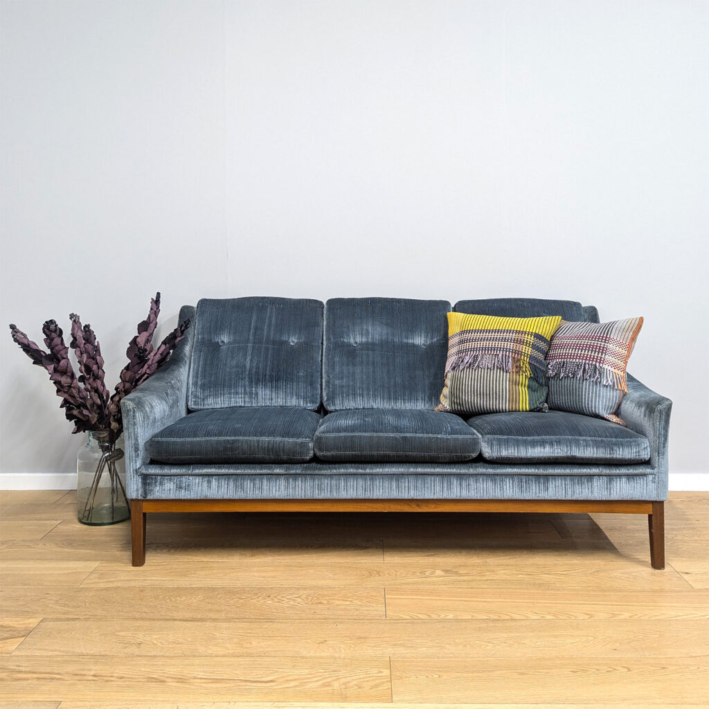 Original Mid-century Swedish Blue Striped Velvet 'Elegant' Sofa by Lennart Bender