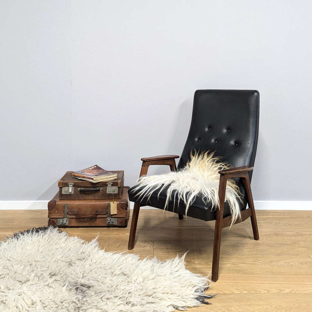 Midcentury 1960s Danish Tall Black Vinyl Armchair