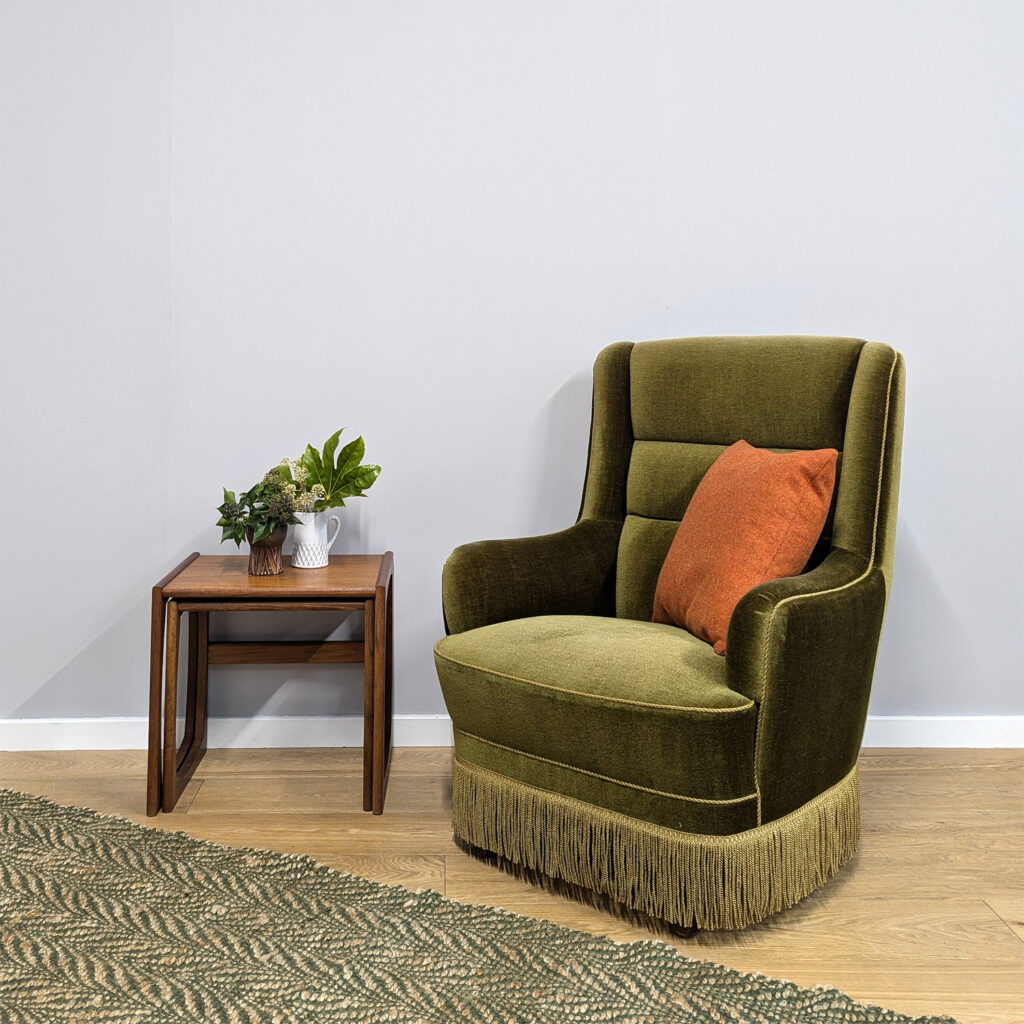 Classic Vintage Danish Green Velvet Tall Armchair with Tassels