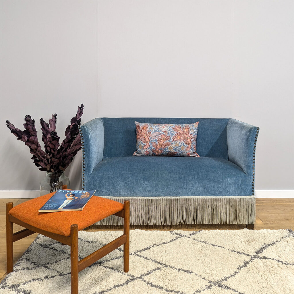 Vintage Danish Blue Velvet Two Seat Sofa / Love Seat with Tassels