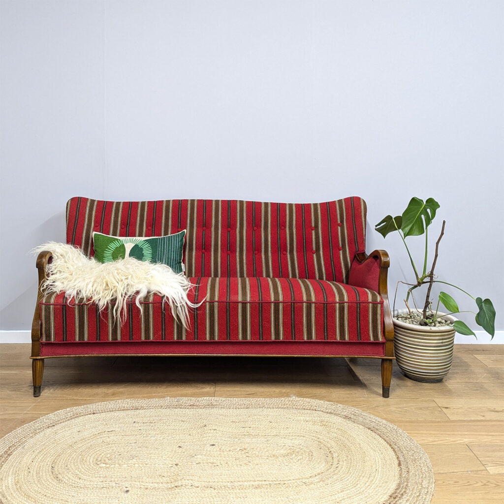 Vintage 1950s Danish Red Striped Sofa with Ornate Frame