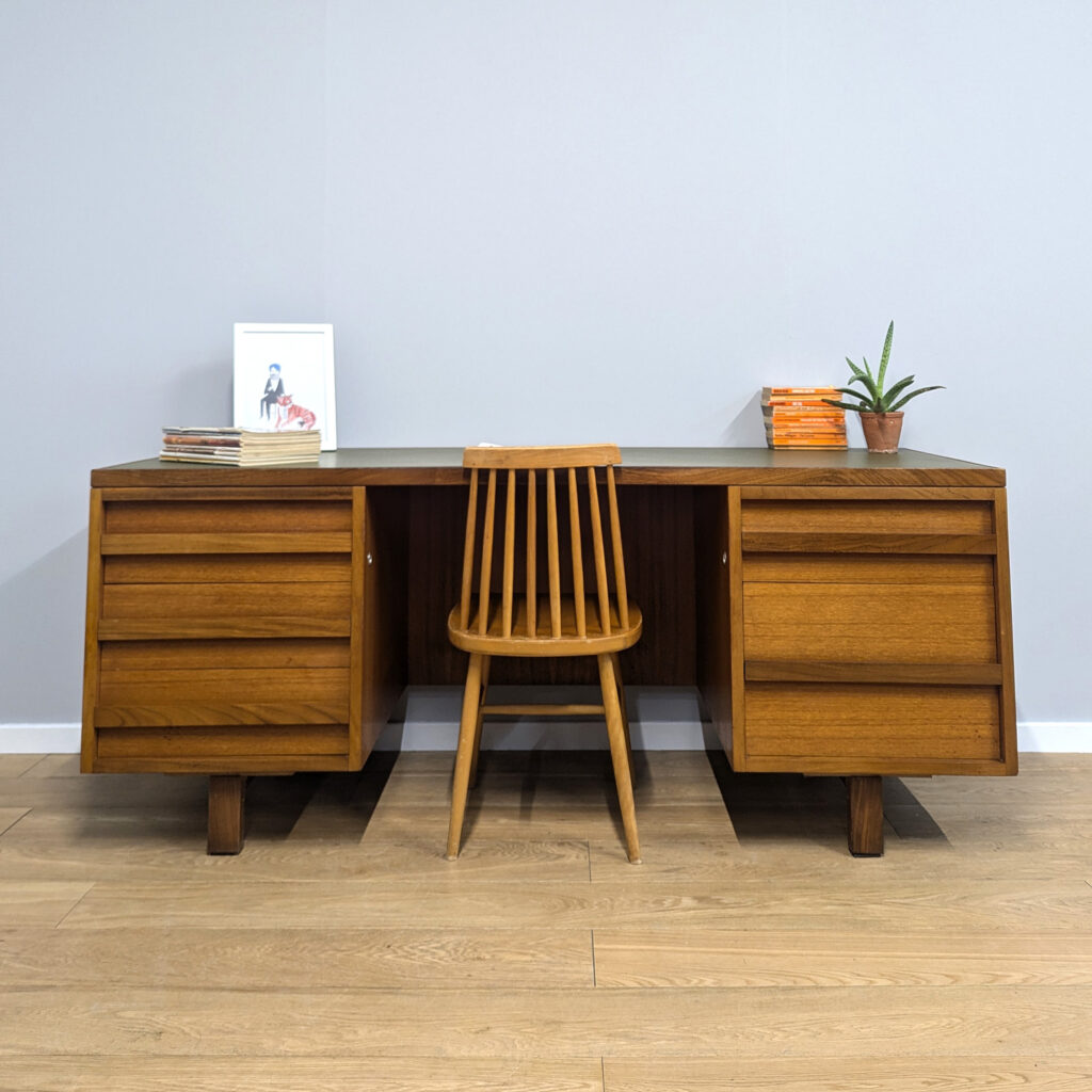 Large Vintage 1970s Pedestal Desk by Carson with Leather Inlaid Desktop