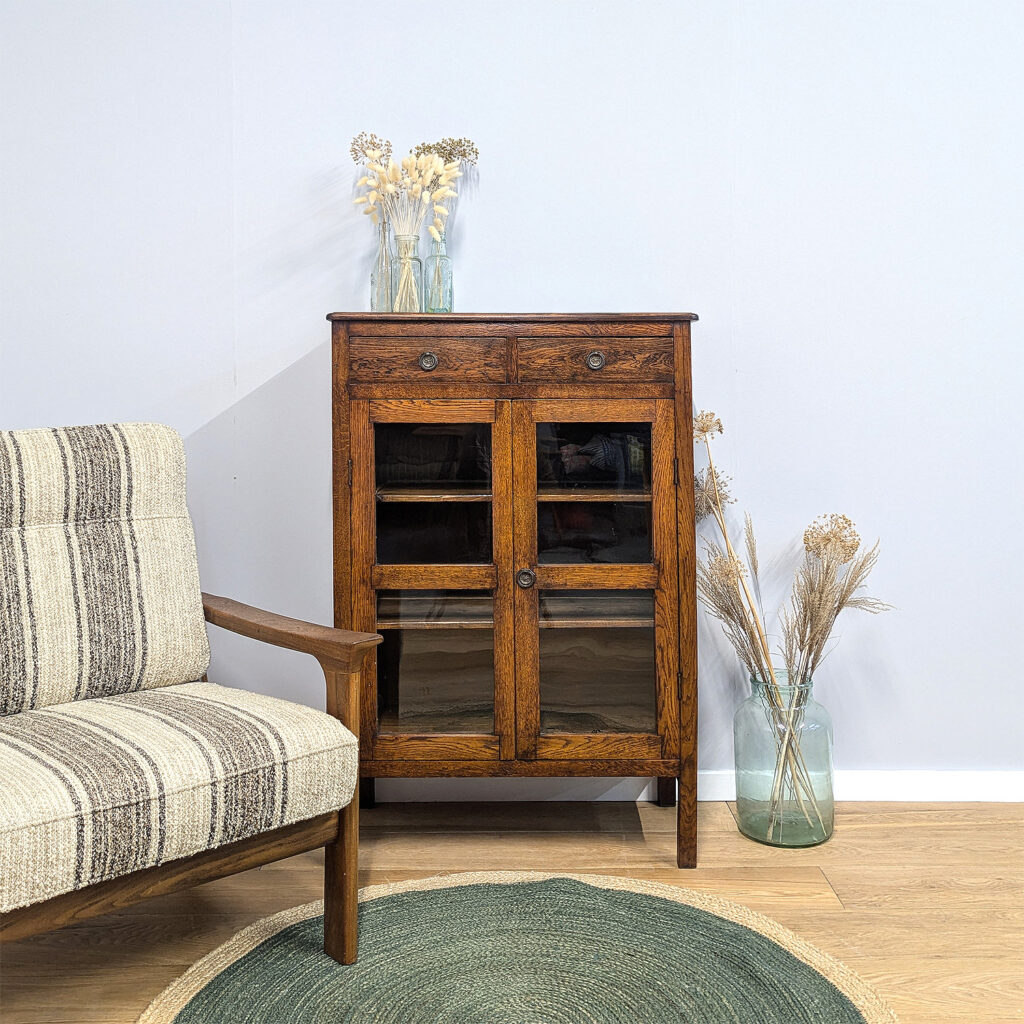 Vintage 1930s Tall Oak Glazed Cabinet