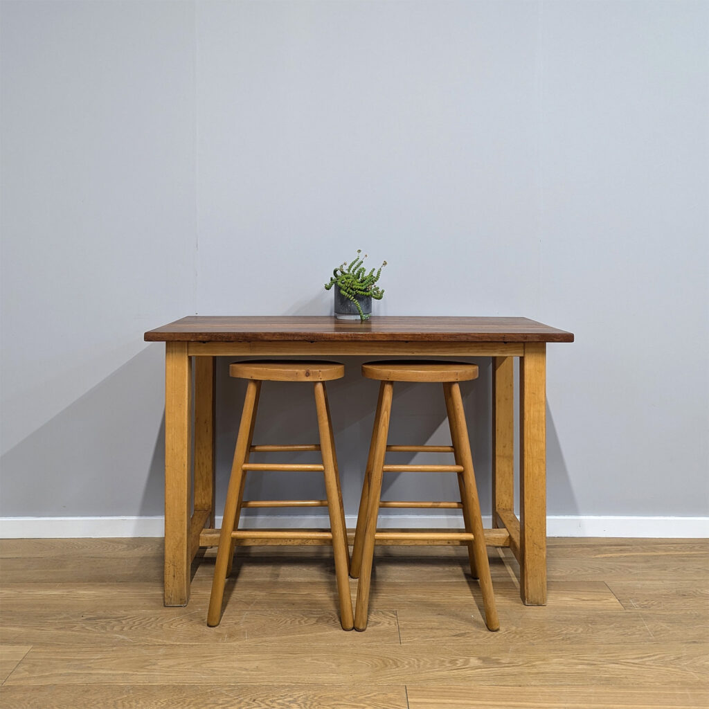 Midcentury Beech & Iroko School / Science Lab Bench Table & Pair of Stools
