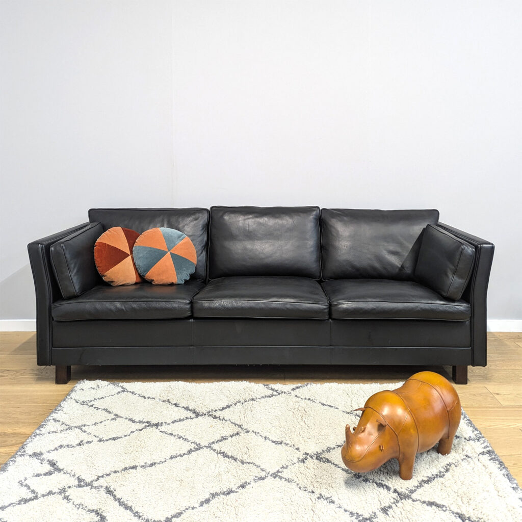 Classic Danish Black Leather Three Seater Sofa