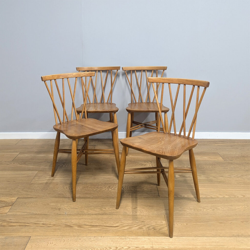 Set of Four Rare Vintage Ercol Model 306 'Candlestick' Dining Chairs